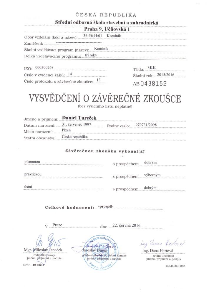Vysvědčení Radek Tureček
