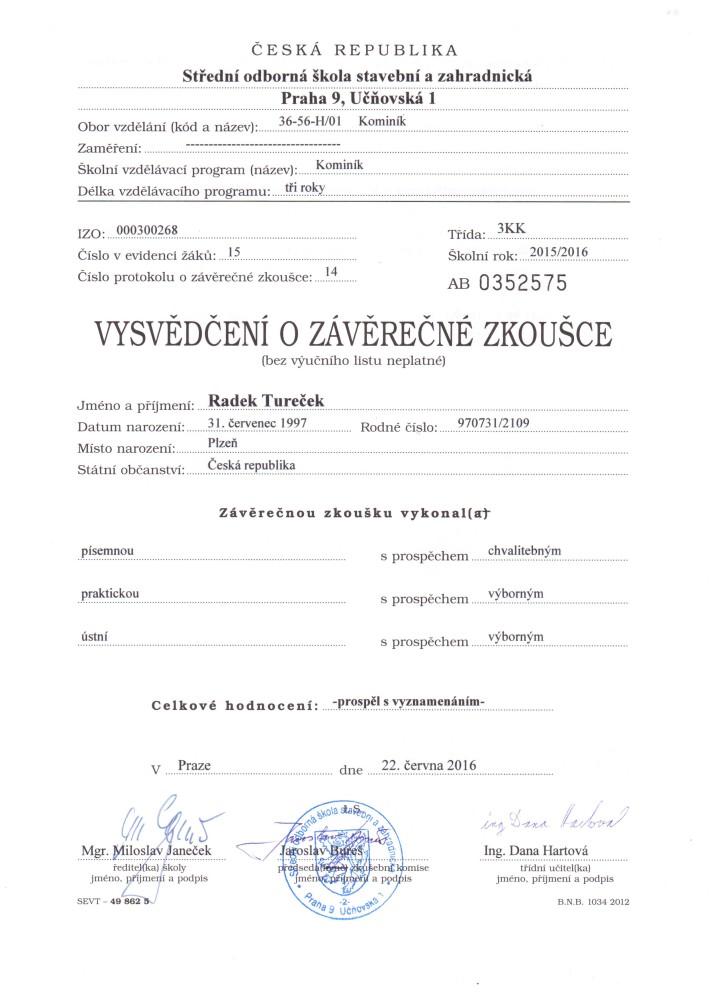 Vysvědčení Radek Tureček