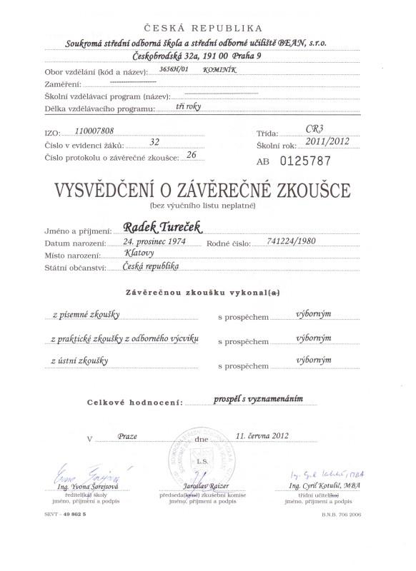 Vysvědčení Radek Tureček