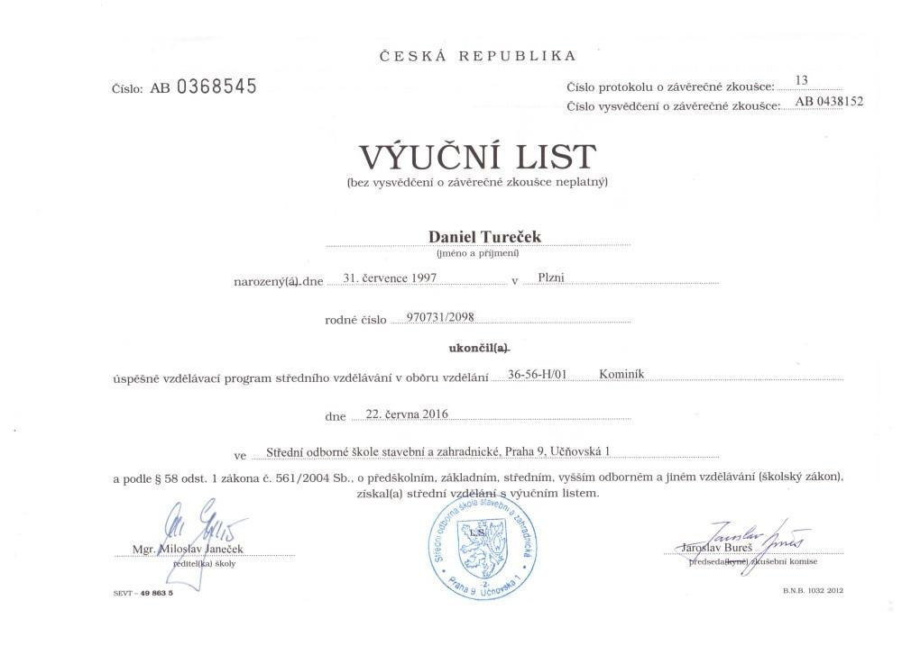 Výuční list Radek Tureček