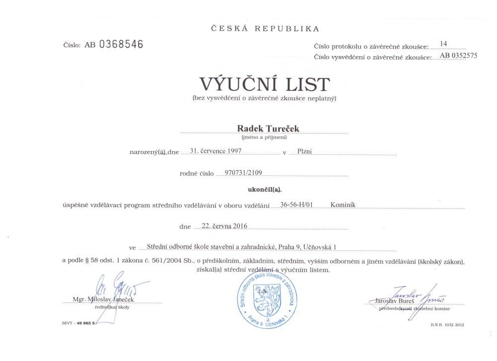 Výuční list Radek Tureček