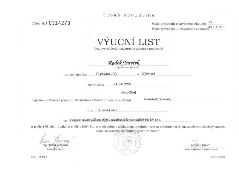 Výuční list Radek Tureček