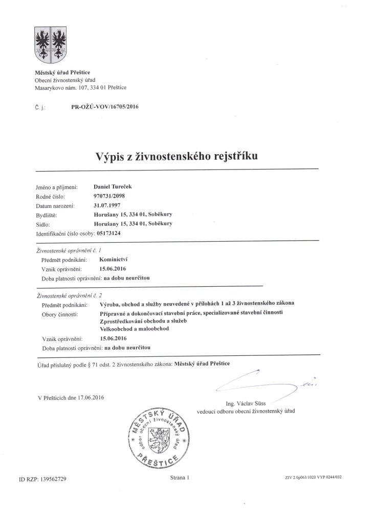 Živnostenský list Radek Tureček