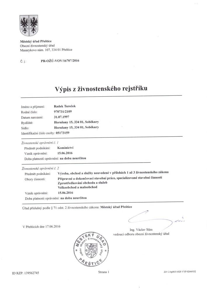 Živnostenský list Radek Tureček