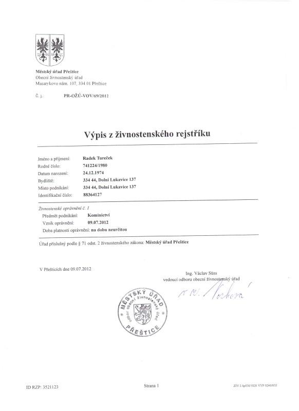 Živnostenský list Radek Tureček